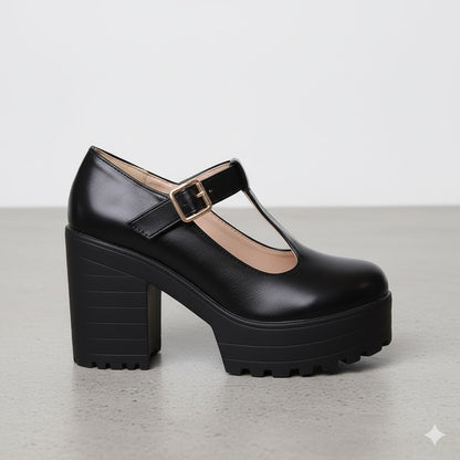 Damen T-Steg Pumps | Retro Stil mit Blockabsatz & Schnalle