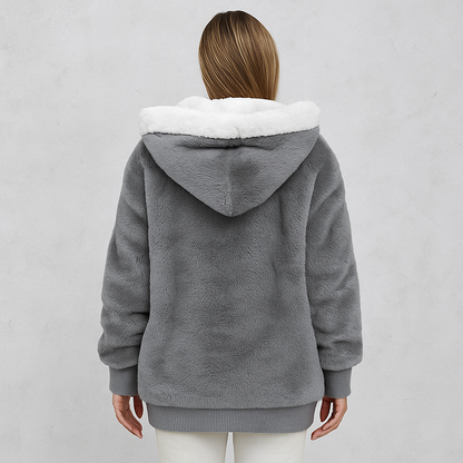 Kuschelige Damen Plüschjacke mit Kapuze und Reißverschluss | Winter