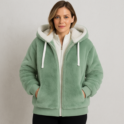 Kuschelige Damen Plüschjacke mit Kapuze und Reißverschluss | Winter