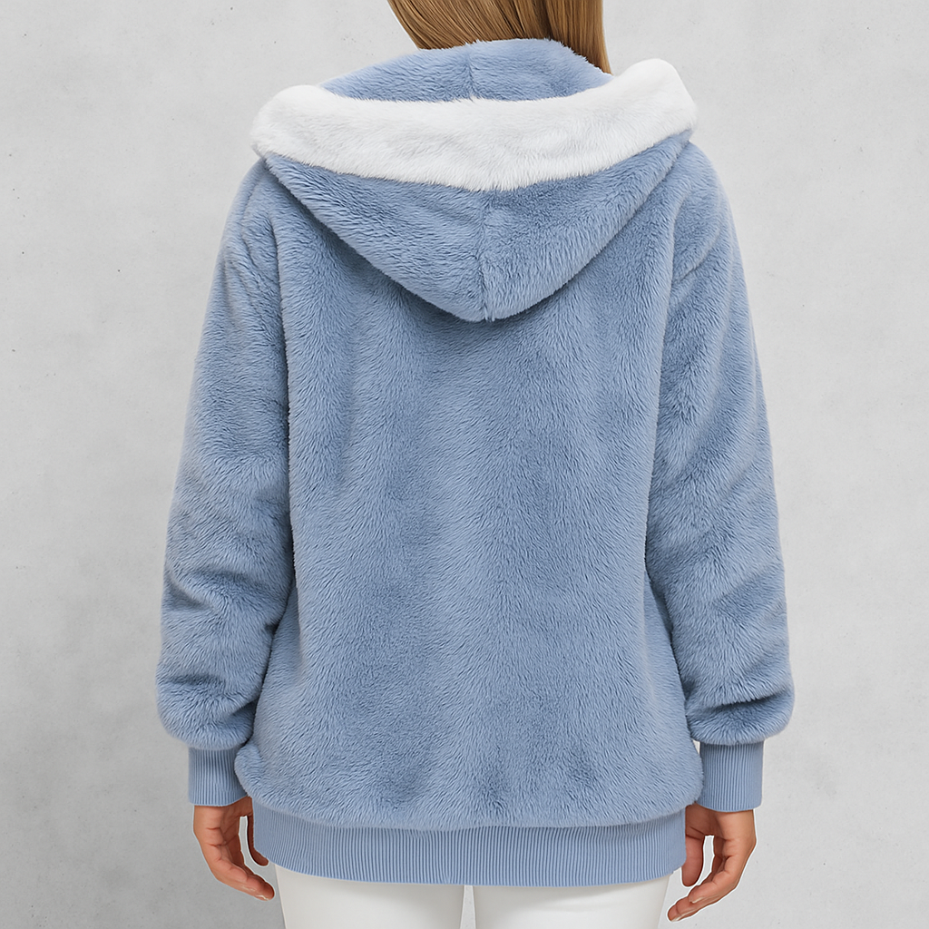 Kuschelige Damen Plüschjacke mit Kapuze und Reißverschluss | Winter