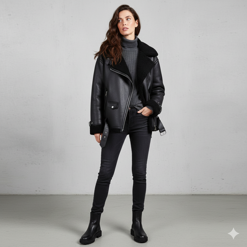 Damen Jacke mit Kunstfellkragen | Biker Style & Warm | Winter