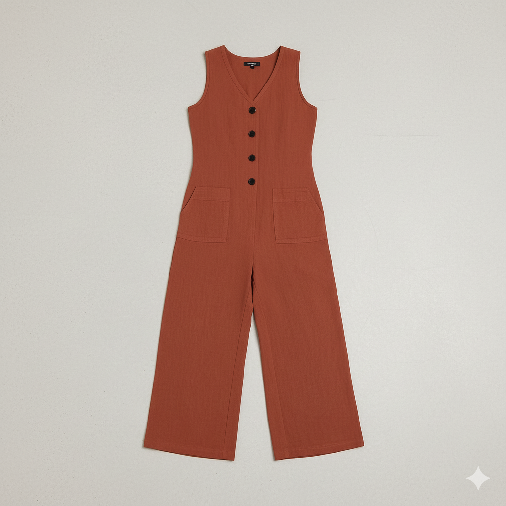 Damen Leinen Jumpsuit ärmellos | Herbst Elegant mit Knopfleiste