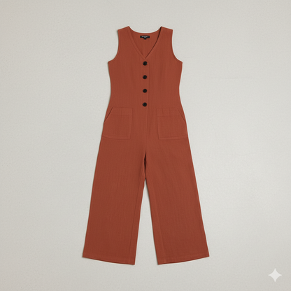 Damen Leinen Jumpsuit ärmellos | Herbst Elegant mit Knopfleiste