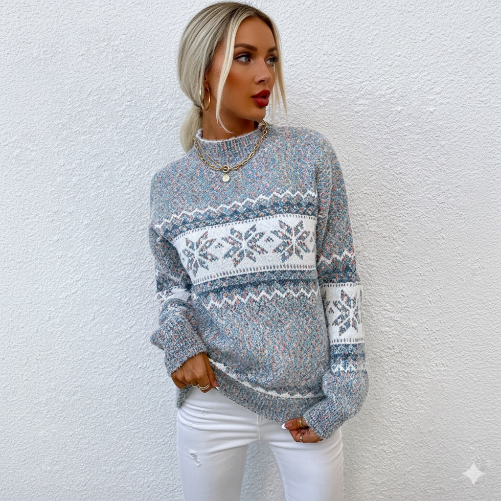 Damen Strickpullover mit Stehkragen | Winter | Schneeflocken-Muster