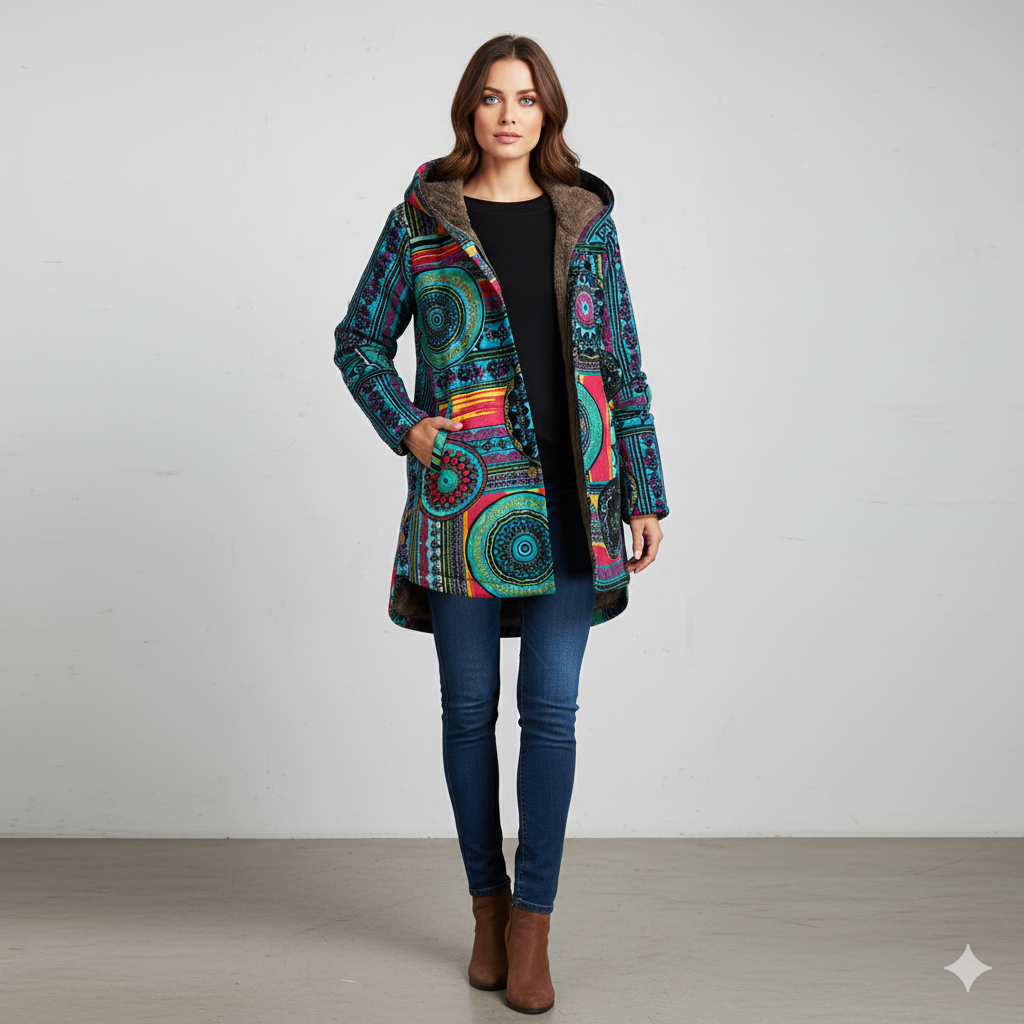 Damen Winterjacke mit Ethno Muster | Warm & Bequem | Kapuze