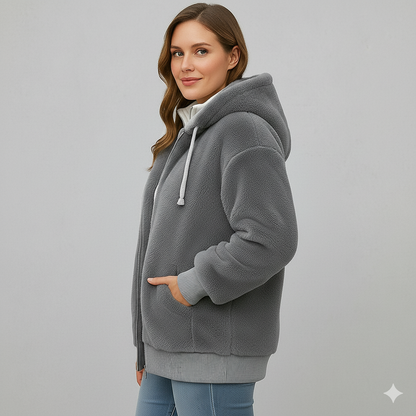 Kuschelige Damen Plüschjacke mit Kapuze und Reißverschluss | Winter
