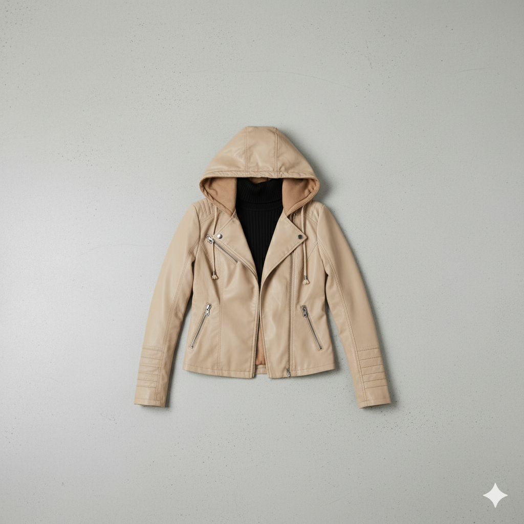 Damen Lederjacke mit Kapuze | Modern & Abnehmbar | Übergang
