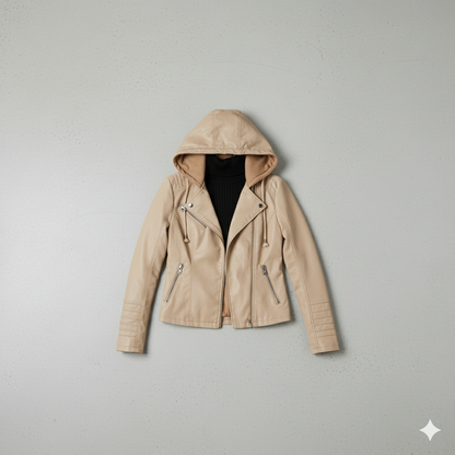 Damen Lederjacke mit Kapuze | Modern & Abnehmbar | Übergang