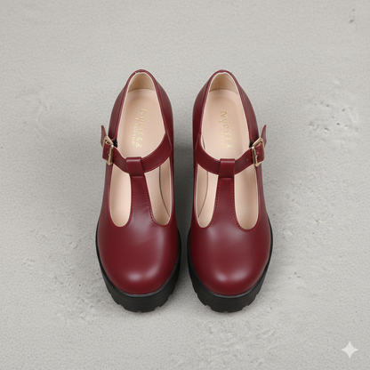 Damen T-Steg Pumps | Retro Stil mit Blockabsatz & Schnalle