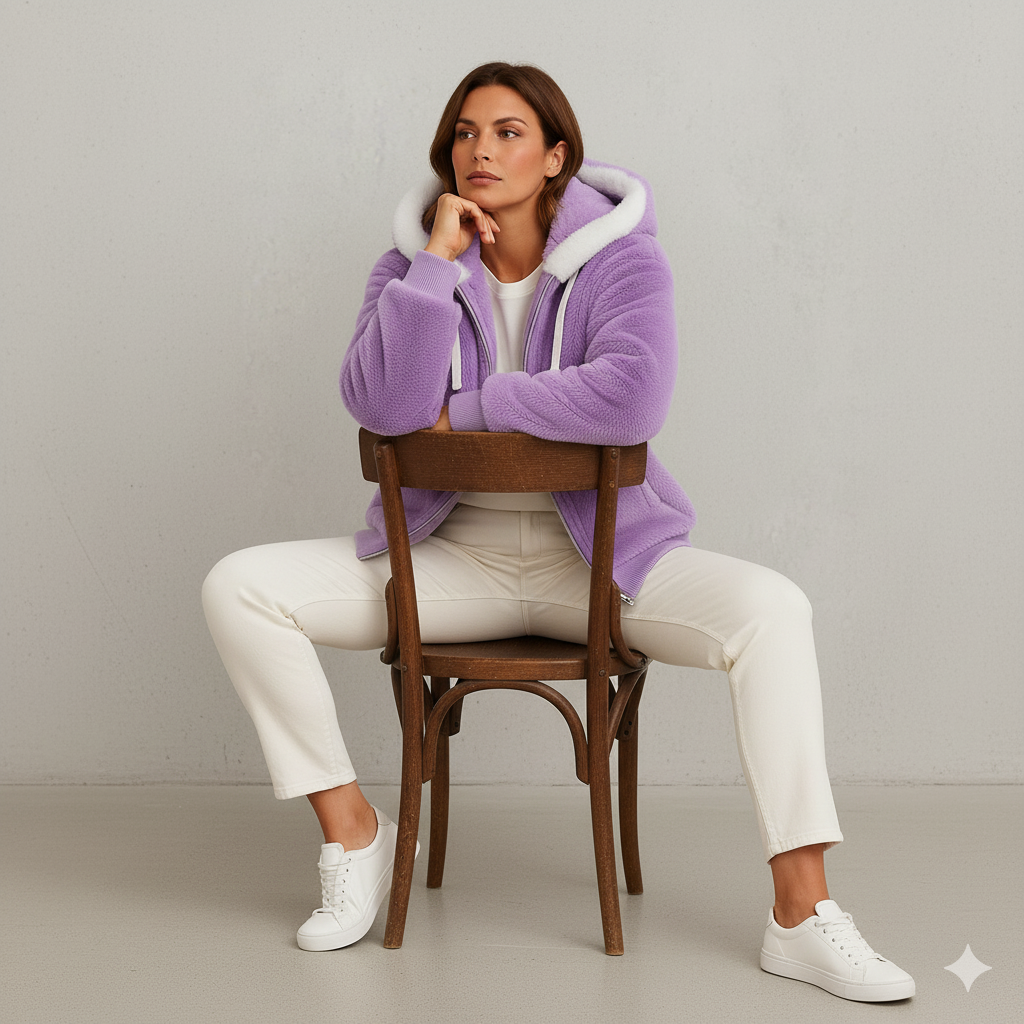 Kuschelige Damen Plüschjacke mit Kapuze und Reißverschluss | Winter