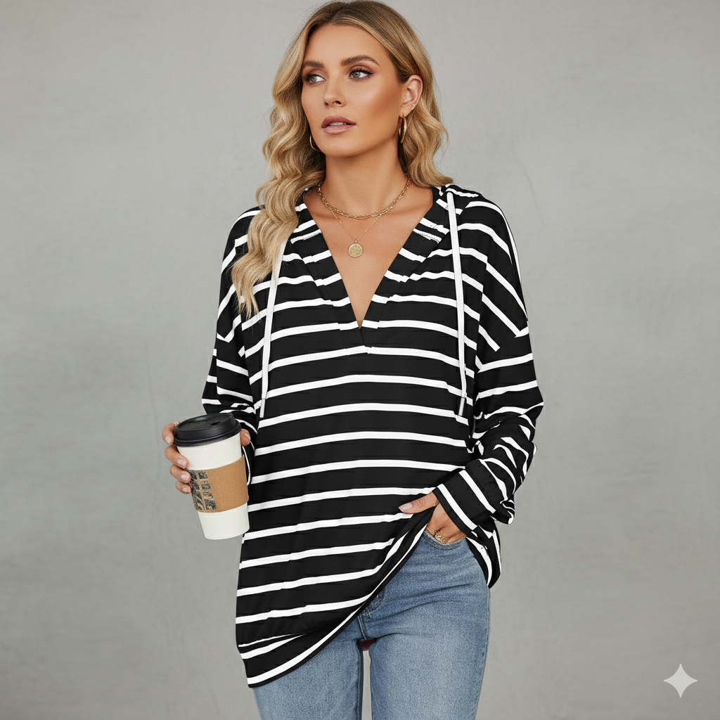 Gestreifter Damen Hoodie mit V Ausschnitt