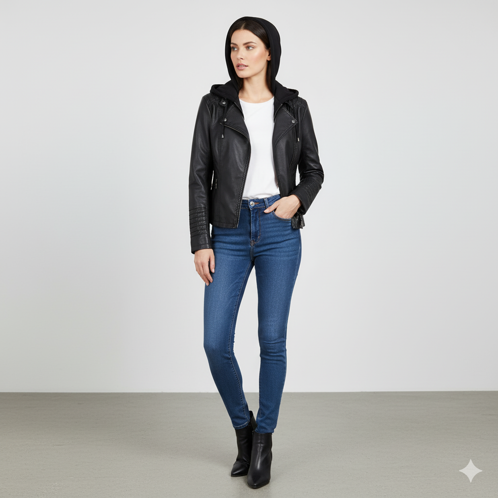 Damen Lederjacke mit Kapuze | Modern & Abnehmbar | Übergang