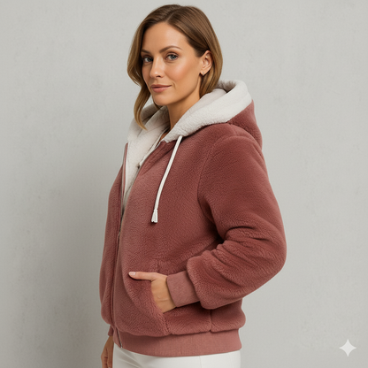 Kuschelige Damen Plüschjacke mit Kapuze und Reißverschluss | Winter