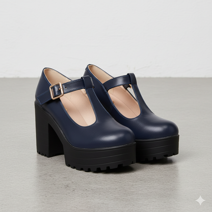Damen T-Steg Pumps | Retro Stil mit Blockabsatz & Schnalle