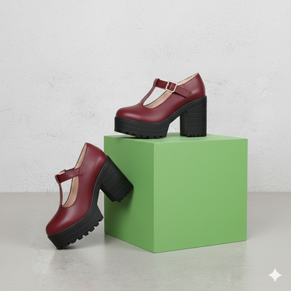 Damen T-Steg Pumps | Retro Stil mit Blockabsatz & Schnalle