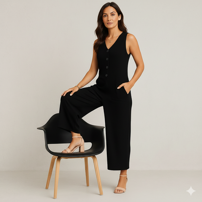 Damen Leinen Jumpsuit ärmellos | Herbst Elegant mit Knopfleiste