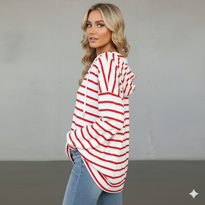 Gestreifter Damen Hoodie mit V Ausschnitt