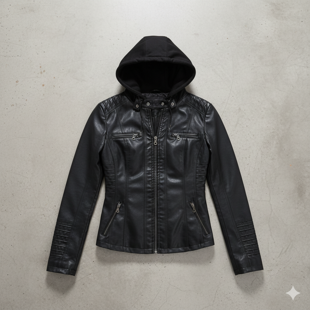 Damen Lederjacke mit Kapuze | Modern & Abnehmbar | Übergang