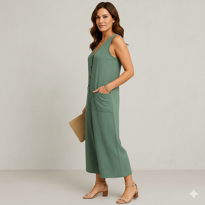 Damen Leinen Jumpsuit ärmellos | Herbst Elegant mit Knopfleiste