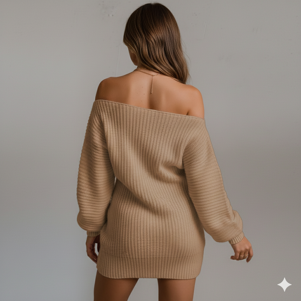 Damen Strickkleid schulterfrei | Elegant & Warm für Herbst Winter