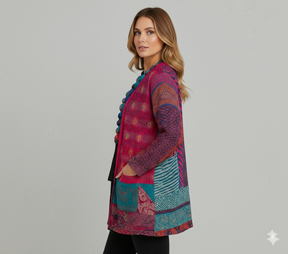 Weit geschnittener Damenmantel mit Ethno Muster | Boho Stil