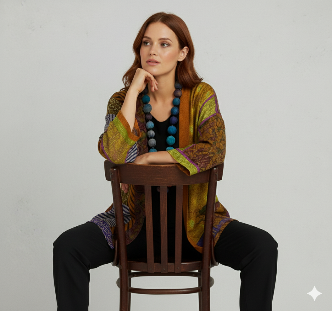 Weit geschnittener Damenmantel mit Ethno Muster | Boho Stil