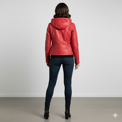 Damen Lederjacke mit Kapuze | Modern & Abnehmbar | Übergang