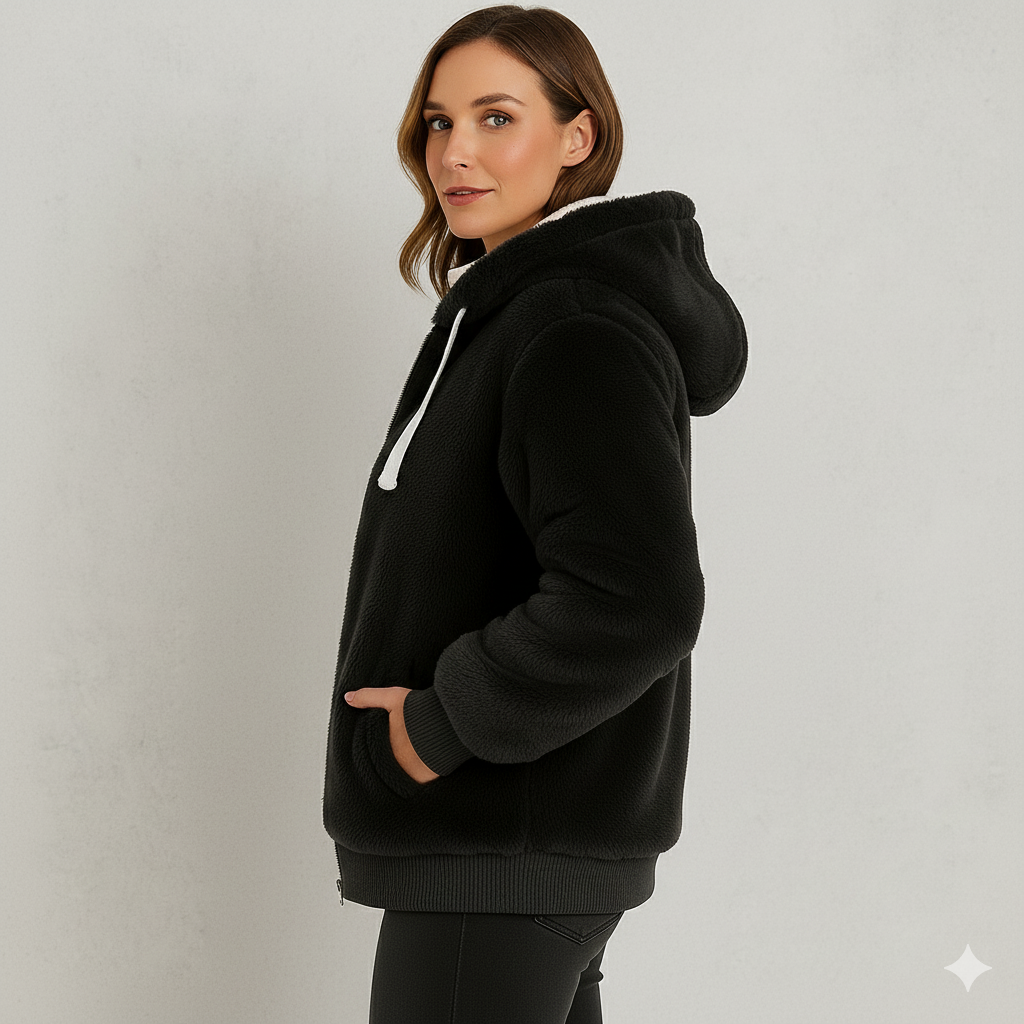 Kuschelige Damen Plüschjacke mit Kapuze und Reißverschluss | Winter
