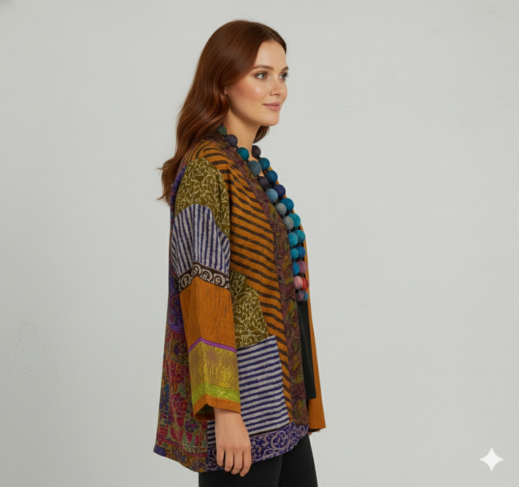 Weit geschnittener Damenmantel mit Ethno Muster | Boho Stil