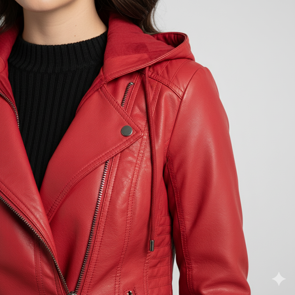 Damen Lederjacke mit Kapuze | Modern & Abnehmbar | Übergang