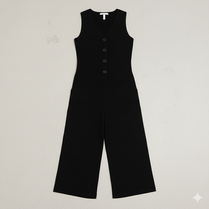 Damen Leinen Jumpsuit ärmellos | Herbst Elegant mit Knopfleiste