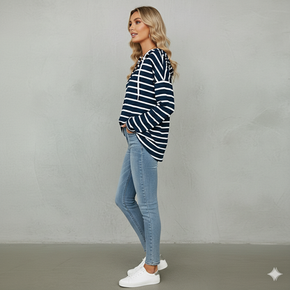 Gestreifter Damen Hoodie mit V Ausschnitt