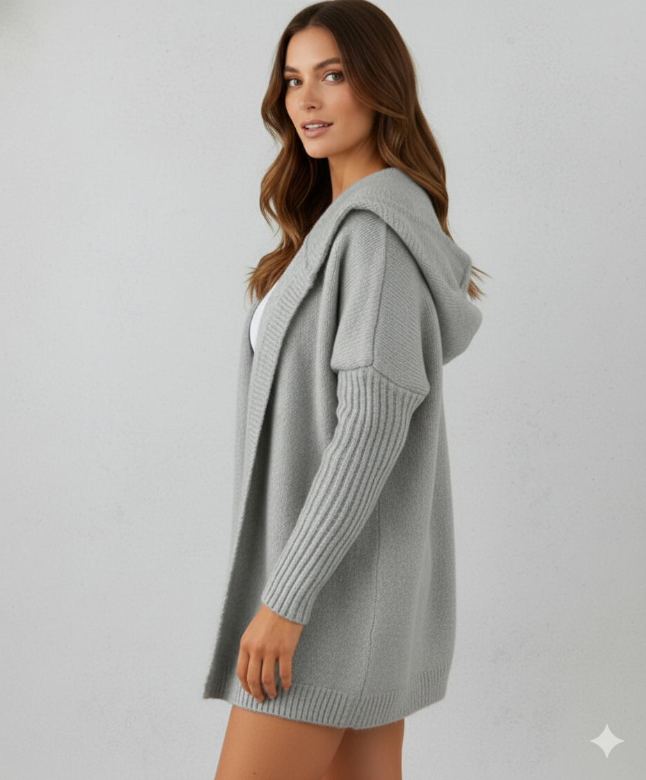 Langer Damen Strickjacke mit Kapuze | Herbst Winter