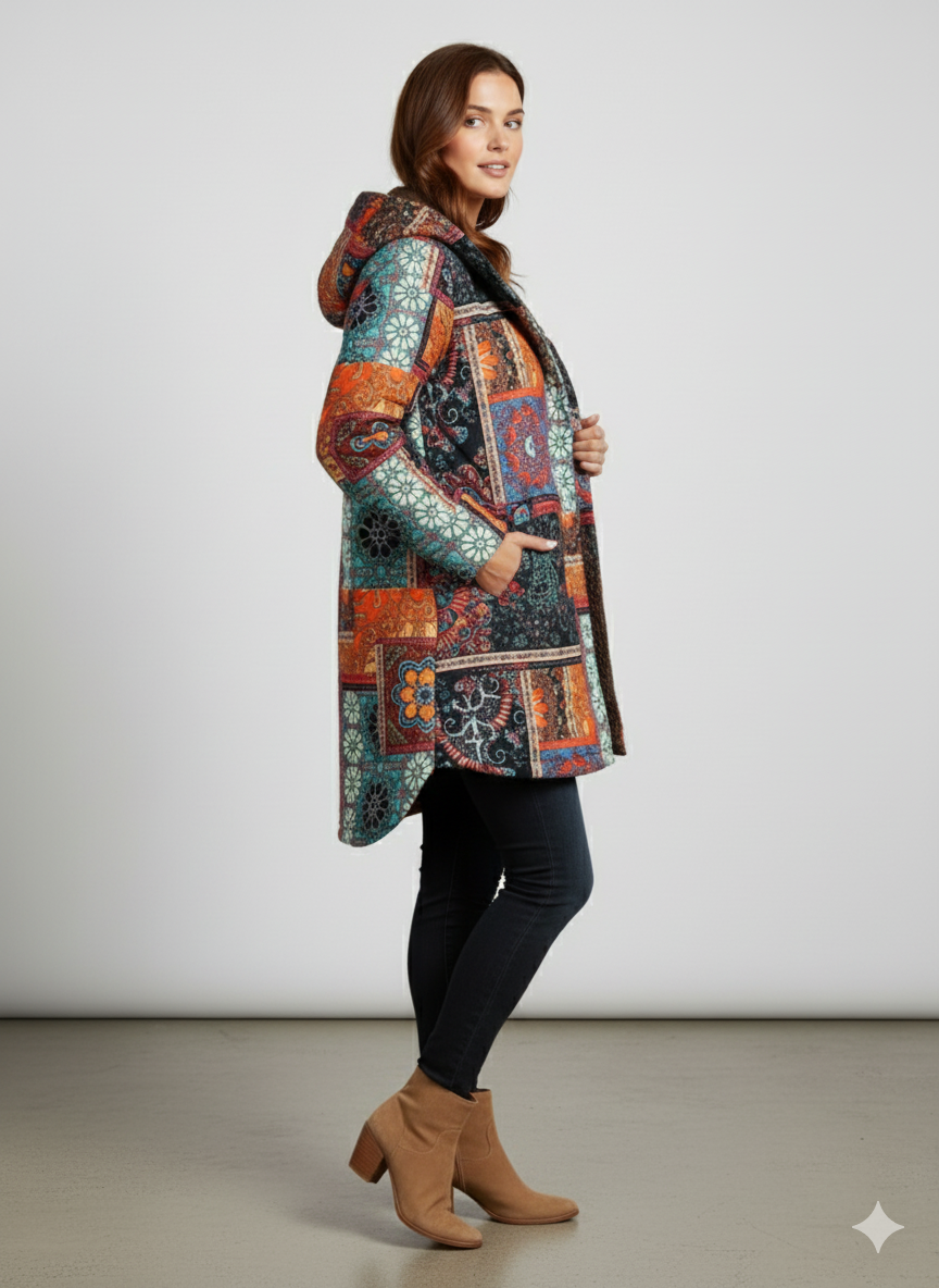 Damen Winterjacke mit Ethno Muster | Warm & Bequem | Kapuze