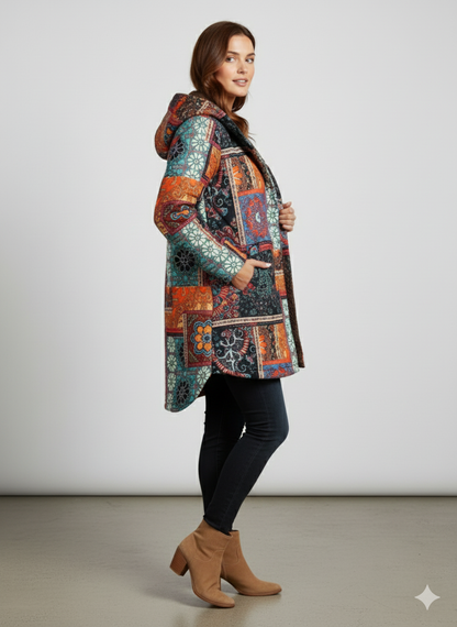 Damen Winterjacke mit Ethno Muster | Warm & Bequem | Kapuze