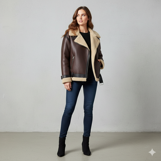 Damen Jacke mit Kunstfellkragen | Biker Style & Warm | Winter