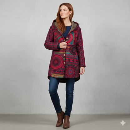 Damen Winterjacke mit Ethno Muster | Warm & Bequem | Kapuze