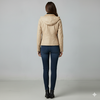 Damen Lederjacke mit Kapuze | Modern & Abnehmbar | Übergang