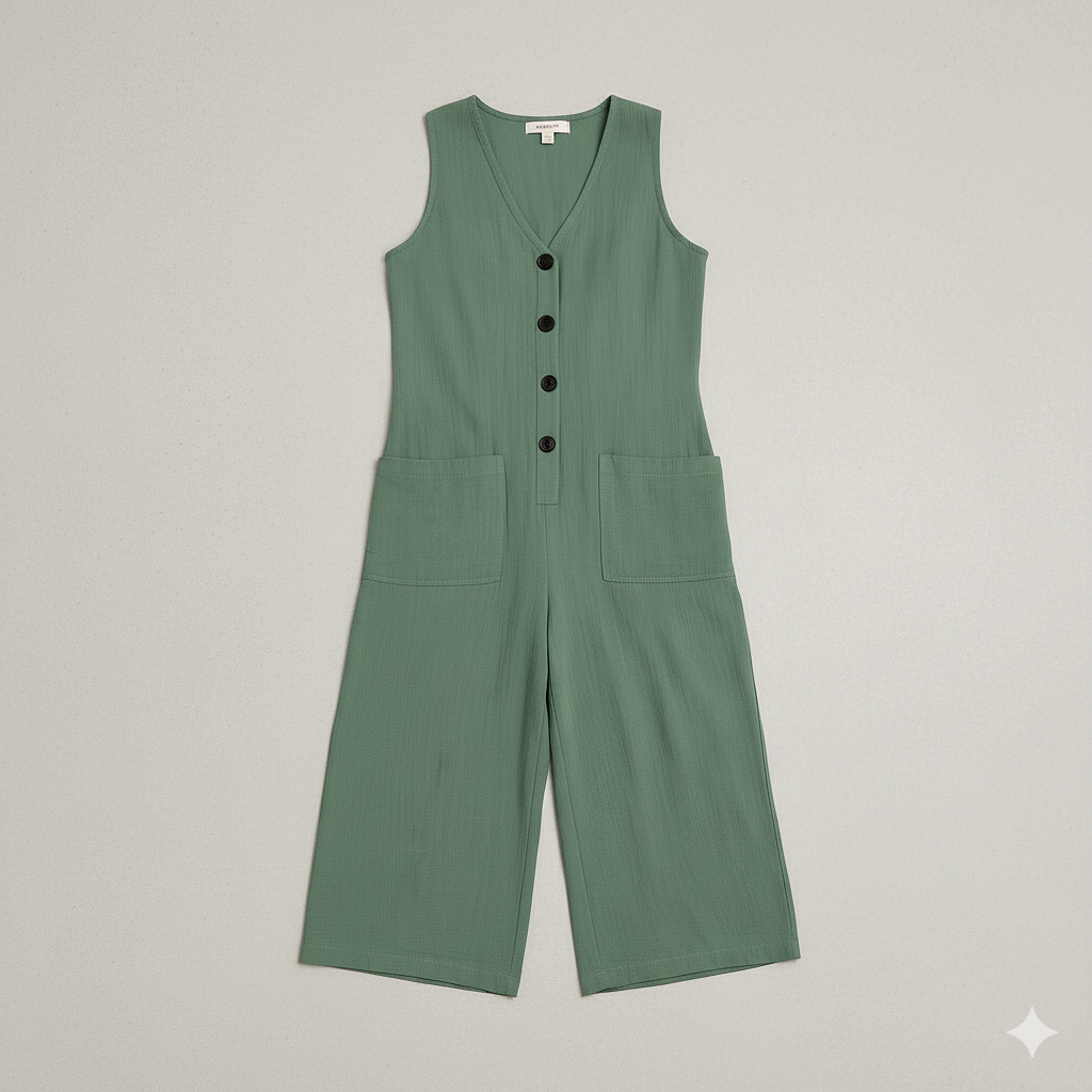 Damen Leinen Jumpsuit ärmellos | Herbst Elegant mit Knopfleiste