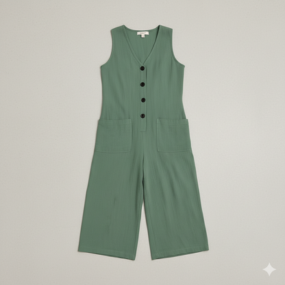 Damen Leinen Jumpsuit ärmellos | Herbst Elegant mit Knopfleiste