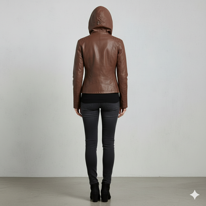 Damen Lederjacke mit Kapuze | Modern & Abnehmbar | Übergang