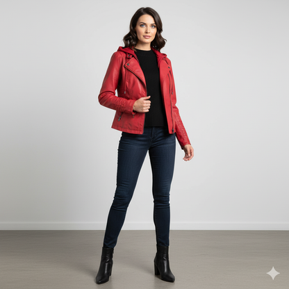 Damen Lederjacke mit Kapuze | Modern & Abnehmbar | Übergang