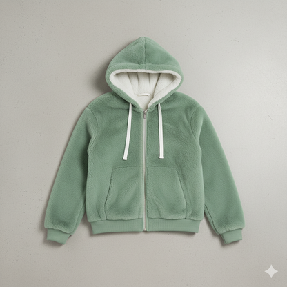 Kuschelige Damen Plüschjacke mit Kapuze und Reißverschluss | Winter