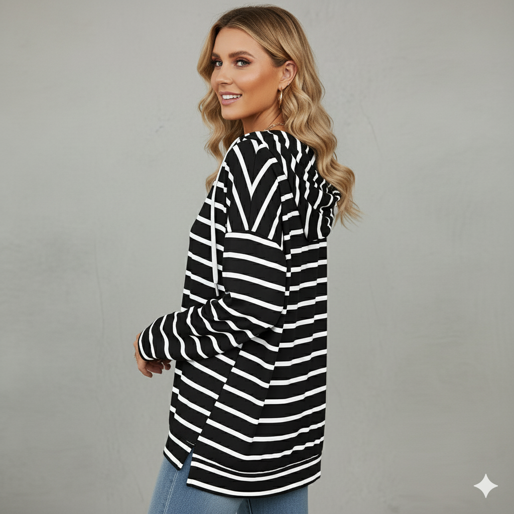 Gestreifter Damen Hoodie mit V Ausschnitt