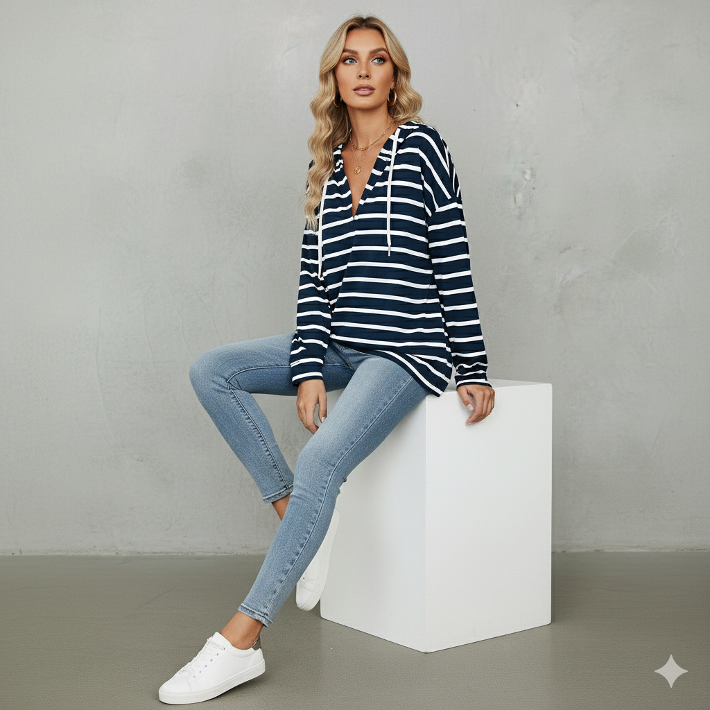 Gestreifter Damen Hoodie mit V Ausschnitt