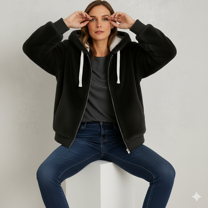 Kuschelige Damen Plüschjacke mit Kapuze und Reißverschluss | Winter