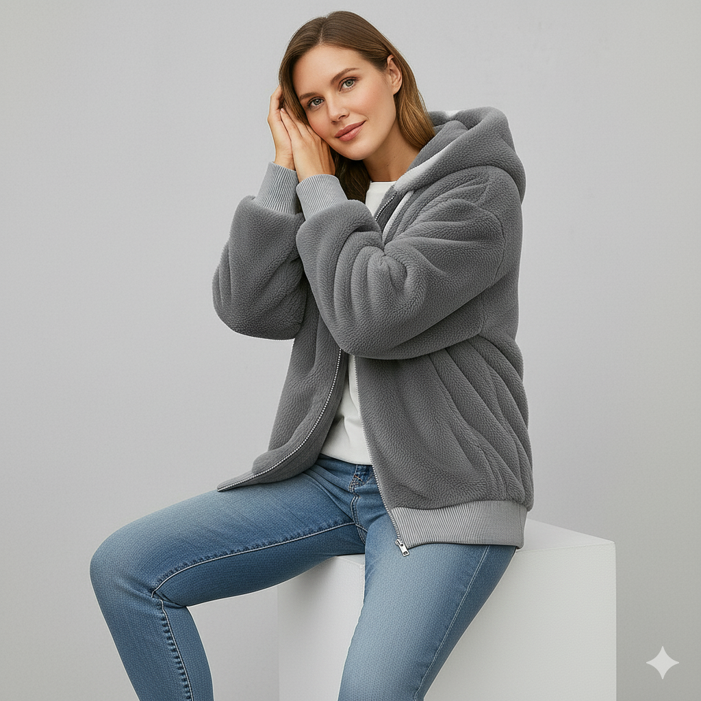 Kuschelige Damen Plüschjacke mit Kapuze und Reißverschluss | Winter