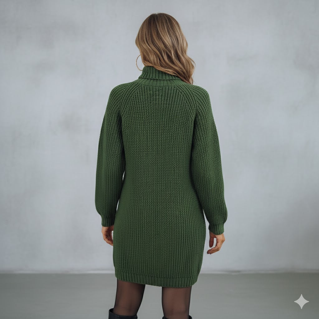 Damen Rollkragen Kleid lang | Eleganter Strick & Knopfdetail Winter