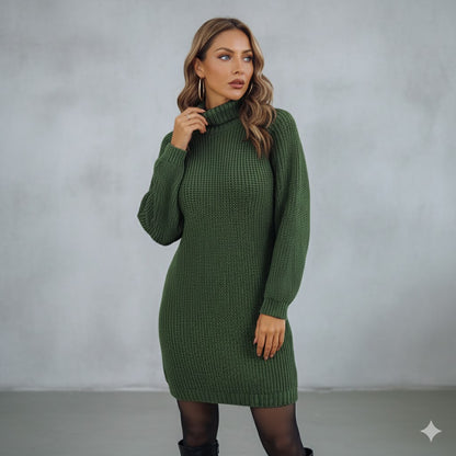 Damen Rollkragen Kleid lang | Eleganter Strick & Knopfdetail Winter