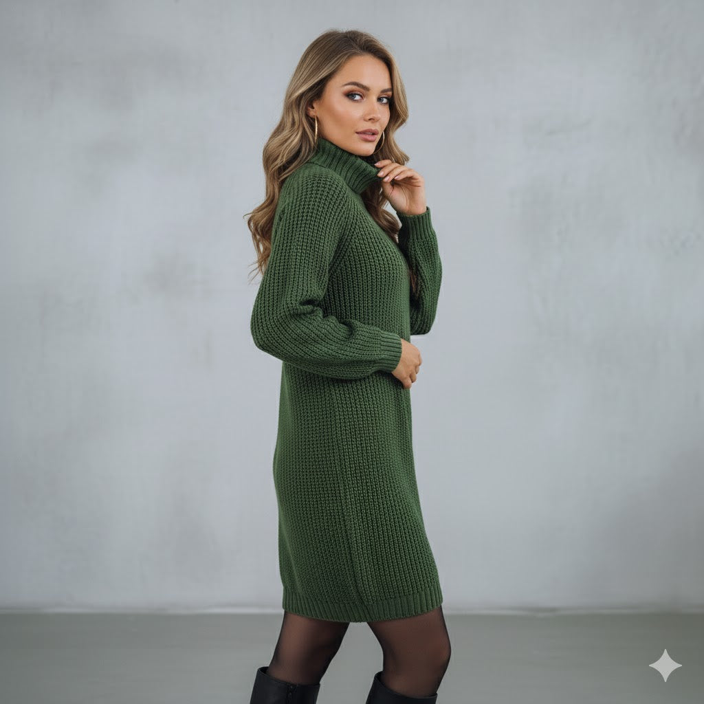 Damen Rollkragen Kleid lang | Eleganter Strick & Knopfdetail Winter